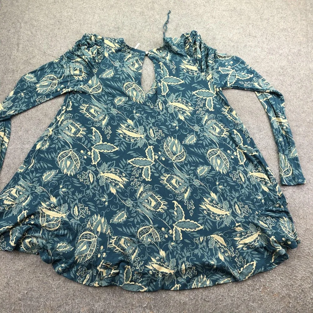 Free People Dress Womens Small Green Floral Keyhole Puff Sleeve Swing Boho